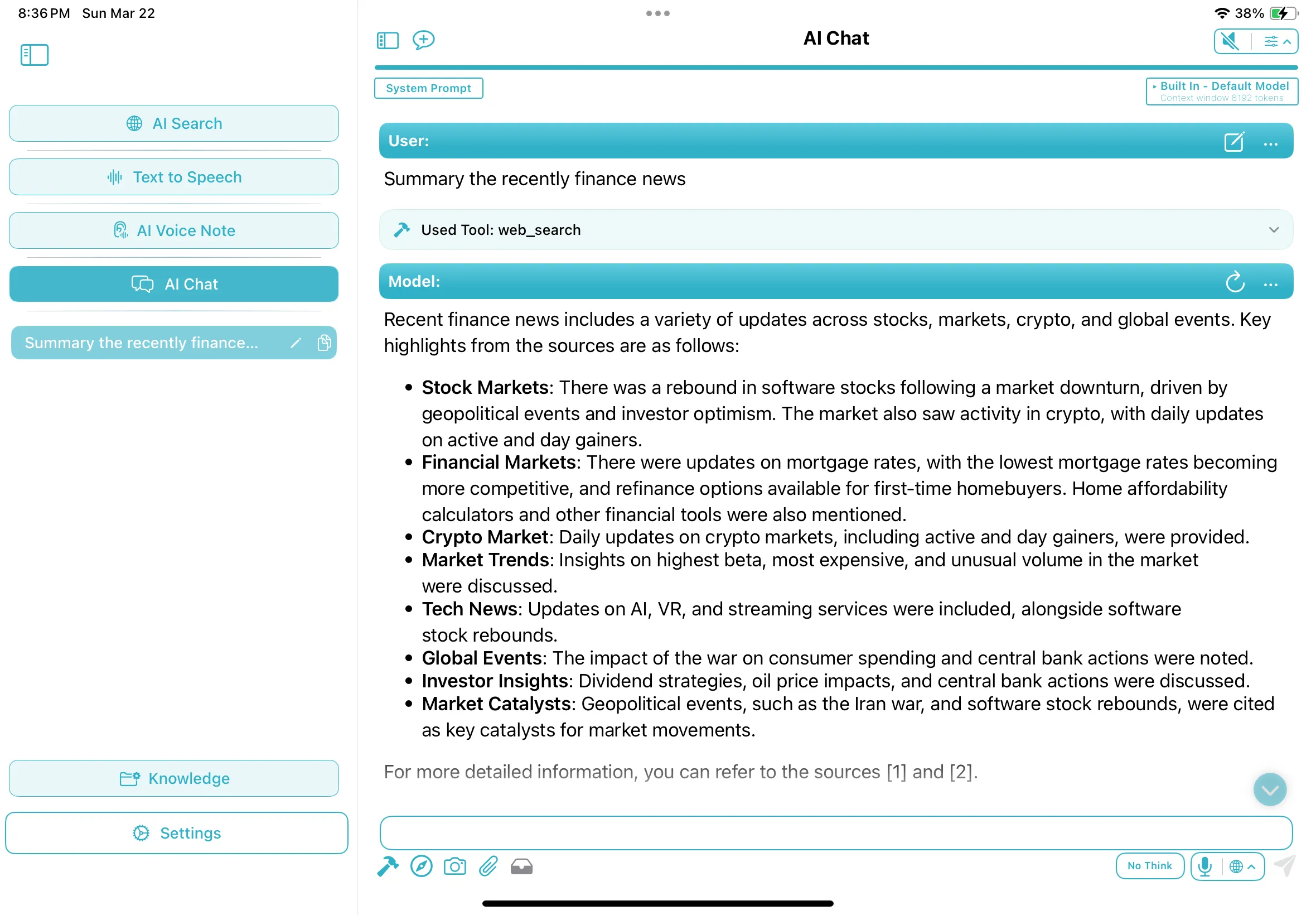 Tool calling web search workflow on iPad
