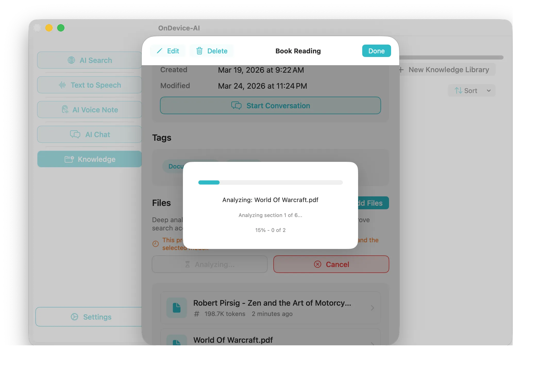 Knowledge Library file analysis view on Mac